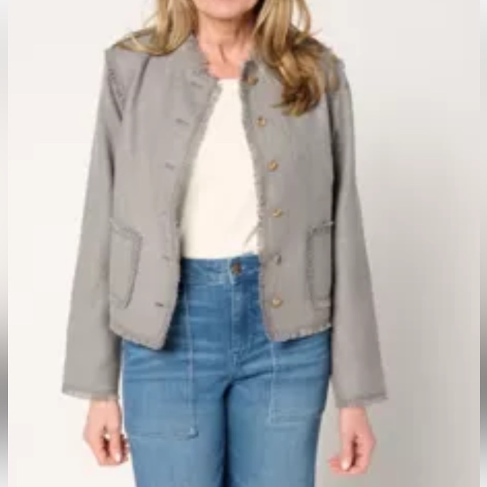 LOGO by Lori Goldstein Gray Tweed-Trim Collarless Blazer. NWOT. Size 1X